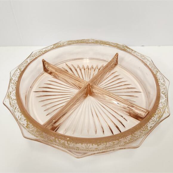 Vintage Pink Depression Glass Divided Tray with Gold Scroll Rim – Elegant Glass - Picture 1 of 7